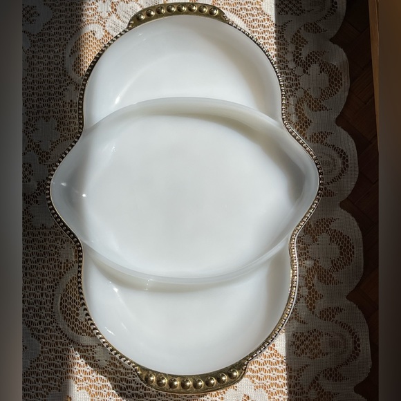Vintage Fire King milk glass server, gold trim - Picture 3 of 6
